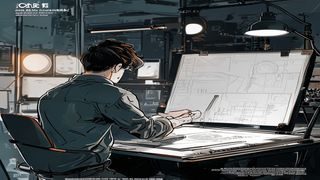 本子漫画分镜设计直播预告封面，主讲人在数位板前演示分镜草图绘制过程，专业录播室灯光氛围