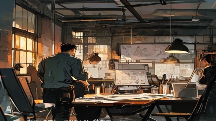 本子漫画品牌纪录片封面，展示创作团队在工作室内绘制漫画分镜的幕后画面，灯光温暖，氛围专注而富有创造力