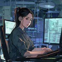 林晓薇，本子漫画首席技术官，坐在双屏电脑前专注调试阅读器代码，背景为整洁的技术研发室，展现专业技术实力