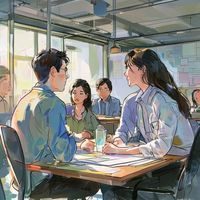 赵明轩，本子漫画创作生态负责人，与漫画创作者在明亮的会议室内交流合作方案，桌上摆放着彩色分镜草稿