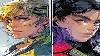 Clip Studio Paint本子漫画上色技法教程视频封面，展示数字上色前后对比效果，色彩鲜艳的漫画人物特写